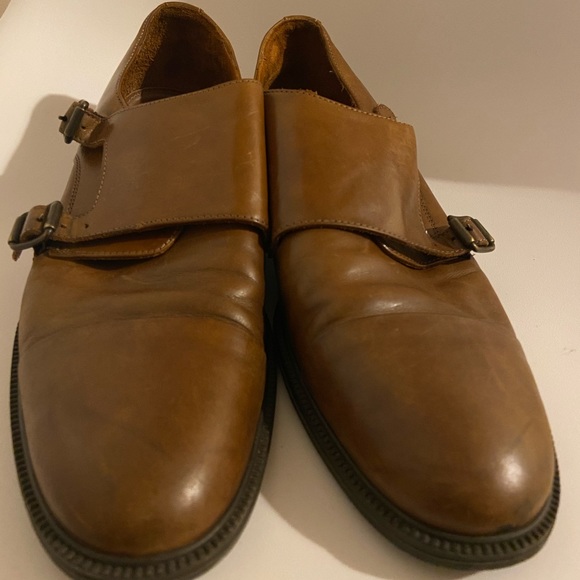 Zara brown leather double monk strap shoes main image 4